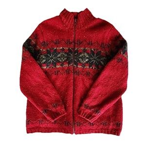 VTG Eddie Bauer Cardigan Nordic Fair Isle Chunky Wool Red Women XL Measures Sz M